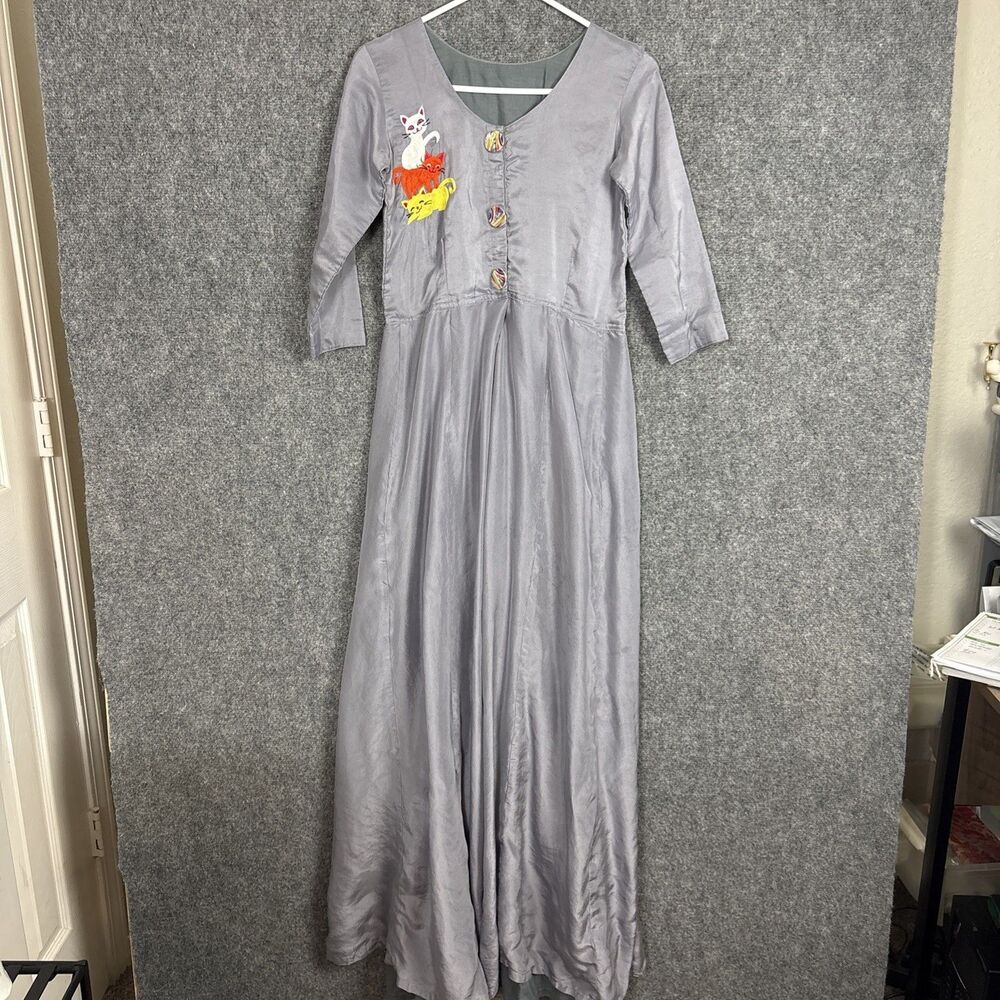 Maxi Cat Embroidery Dress Womens Size M Gray Lined Whimsy
